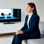 A thoughtful professional woman, fully clothed in modest business attire, sits in a modern, well-lit living room. She is looking towards a sleek smart television, with a discrete smart speaker visible on a nearby shelf. The overall ambiance suggests a comfortable home environment with advanced technology seamlessly integrated, subtly hinting at the omnipresent nature of modern devices. This image is professional photography, high resolution, with soft, inviting lighting. Perfect anatomy, correct proportions, natural pose, well-formed hands, proper finger count, natural body proportions, safe for work, appropriate content, fully clothed, professional.