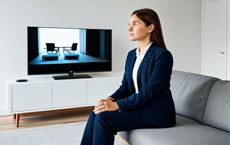 A thoughtful professional woman, fully clothed in modest business attire, sits in a modern, well-lit living room. She is looking towards a sleek smart television, with a discrete smart speaker visible on a nearby shelf. The overall ambiance suggests a comfortable home environment with advanced technology seamlessly integrated, subtly hinting at the omnipresent nature of modern devices. This image is professional photography, high resolution, with soft, inviting lighting. Perfect anatomy, correct proportions, natural pose, well-formed hands, proper finger count, natural body proportions, safe for work, appropriate content, fully clothed, professional.