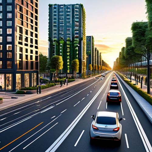 **

"A futuristic smart city at sunset, featuring sleek, modern architecture with integrated solar panels and vertical gardens, self-driving cars smoothly navigating wide, clean streets, fully clothed pedestrians walking along tree-lined sidewalks, safe for work, appropriate content, professional, perfect anatomy, natural proportions, vibrant colors, detailed rendering, professional photography, high quality"

**