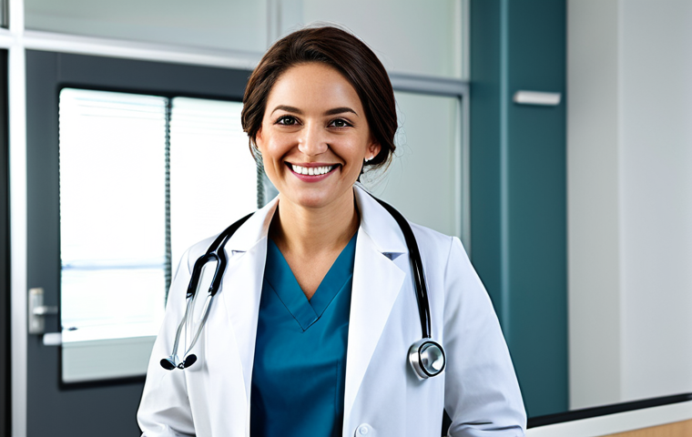 히든 테크놀로지의 사례 연구  성공과 실패 - **Prompt:** A professional female doctor in a modest white coat, stethoscope around her neck, smilin...