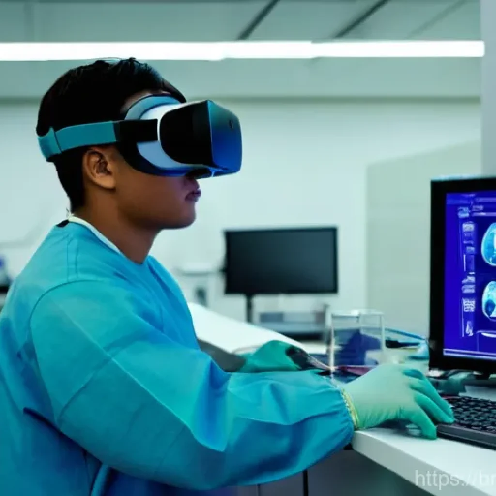 히든 테크놀로지를 통한 직업 교육의 변화 - **Virtual Reality for Skill Training:** "A young adult student, wearing a sleek, modern VR headset, ...