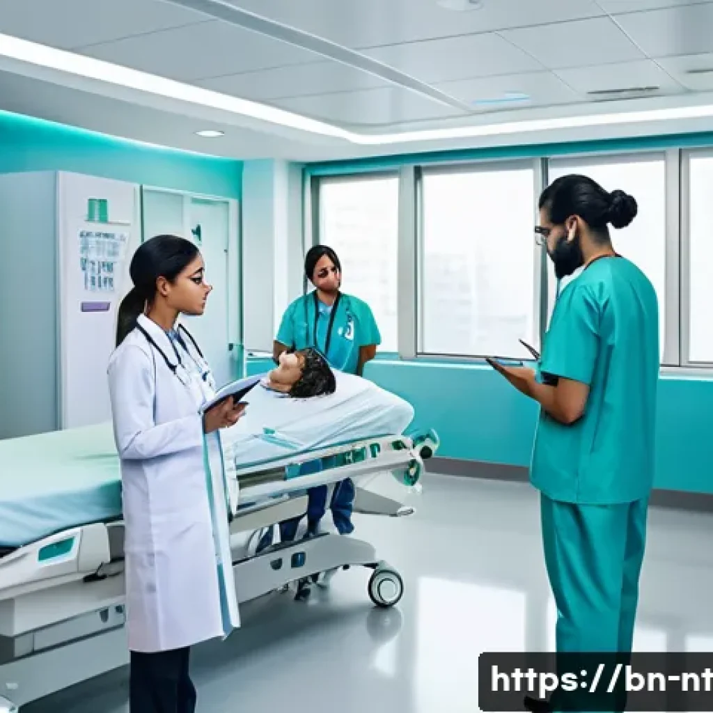 히든 테크놀로지의 기술적 이점 분석 - A futuristic smart hospital interior bustling with activity, showing doctors and nurses using advanc...