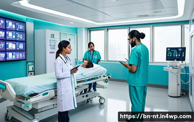 히든 테크놀로지의 기술적 이점 분석 - A futuristic smart hospital interior bustling with activity, showing doctors and nurses using advanc...