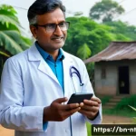 Home 22 히든 테크놀로지의 혁신적 응용 분야 - A rural healthcare scene in Bangladesh featuring a middle-aged Bengali man using a telehealth app on...