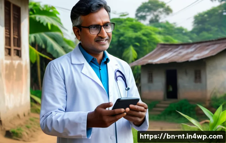 히든 테크놀로지의 혁신적 응용 분야 - A rural healthcare scene in Bangladesh featuring a middle-aged Bengali man using a telehealth app on...