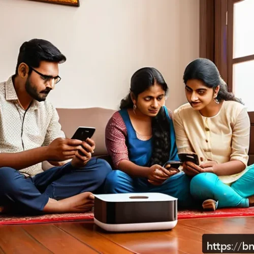 Home 32 히든 테크놀로지의 보안 문제 - A modern Bengali family in a cozy living room setting, cautiously interacting with various smart dev...