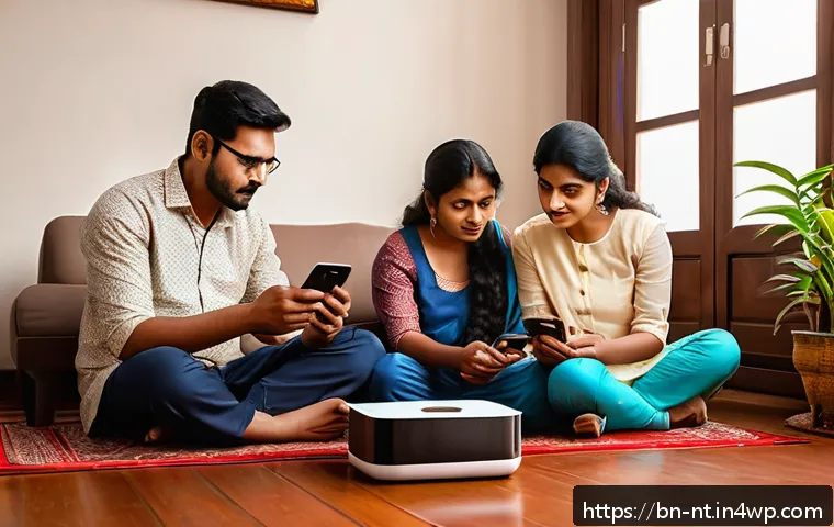 히든 테크놀로지의 보안 문제 - A modern Bengali family in a cozy living room setting, cautiously interacting with various smart dev...