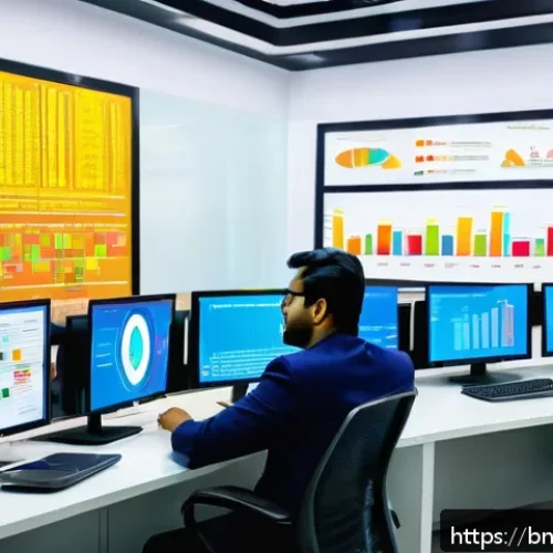 Home 31 히든 테크놀로지와 고객 관계 관리 CRM 의 발전 - A modern Bengali business office scene showcasing diverse professionals analyzing colorful data anal...