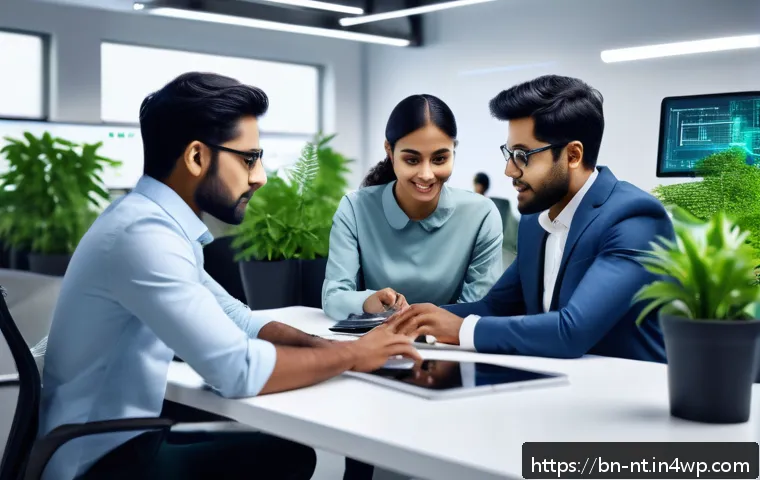 히든 테크놀로지의 기술적 과제와 대안 - A futuristic workspace scene showcasing a diverse group of Bengali professionals interacting with ad...