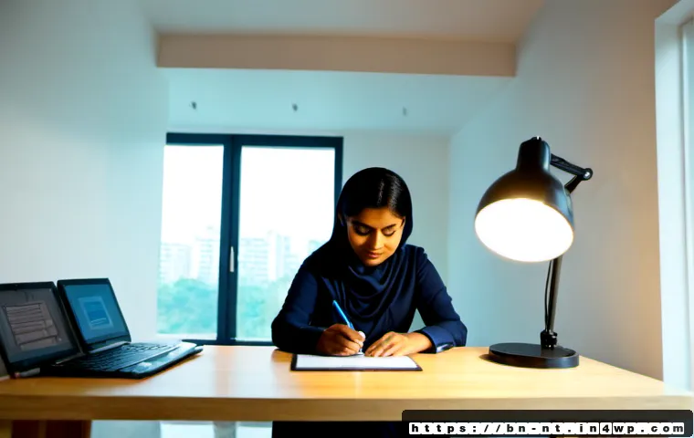 Home 17 히든 테크놀로지가 가져올 변화 - Photorealistic futuristic home workspace in Bangladesh, a Bengali middle-aged woman using a sleek tr...