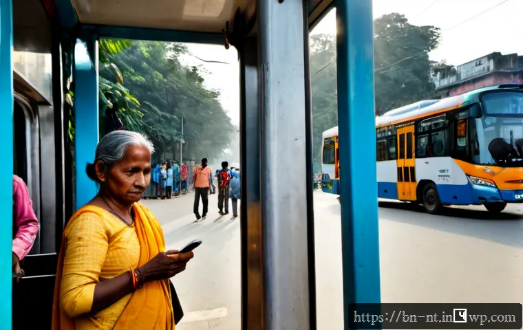 히든 테크놀로지의 사회적 영향 - Photorealistic street scene in Dhaka, Bangladesh, showing an elderly Bengali woman using a simple sm...